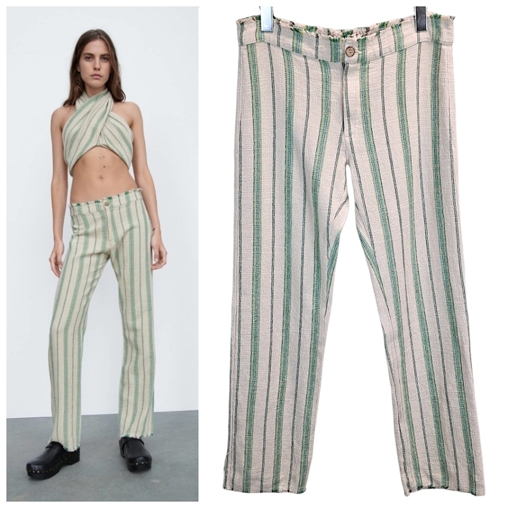 Zara Womens Boho The Beth Cottin Striped Pants Medium Tan Green Raw Hem Woven